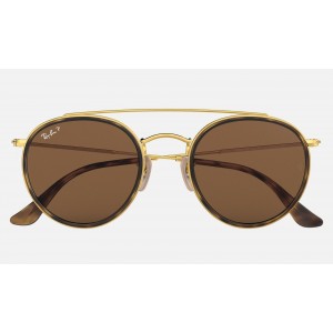 Ray Ban Round Double Bridge RB3647 Polarized Classic B-15 And Gold Frame Brown Classic B-15 Lens