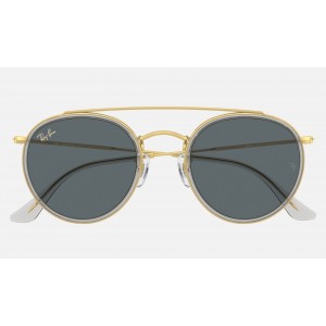 Ray Ban Round Double Bridge Legend RB3647 Classic And Shiny Gold Frame Blue-Grey Classic Lens